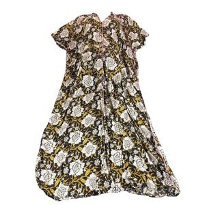 Floral V-Neck Black & White Maxi Dress with Yellow Accents